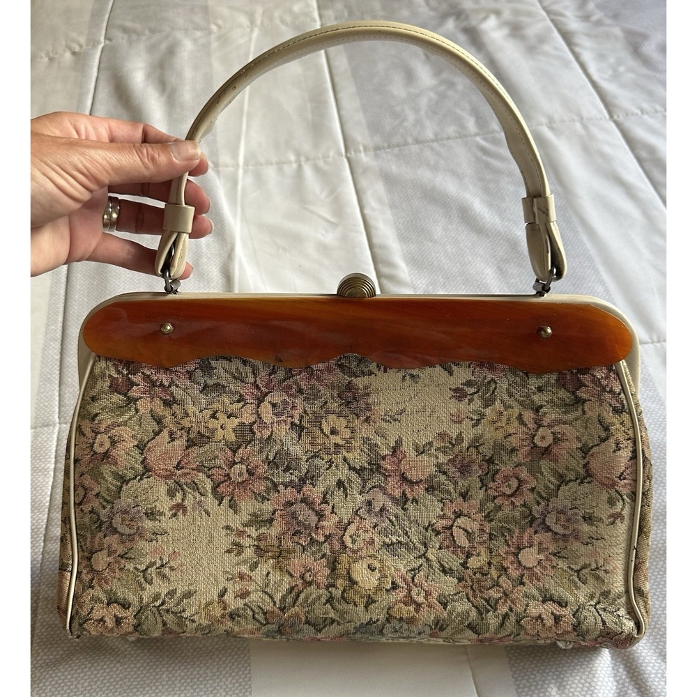 Vintage Verdi Bakelite Purse Floral Tapestry Luggage Print Hand‎ Bag